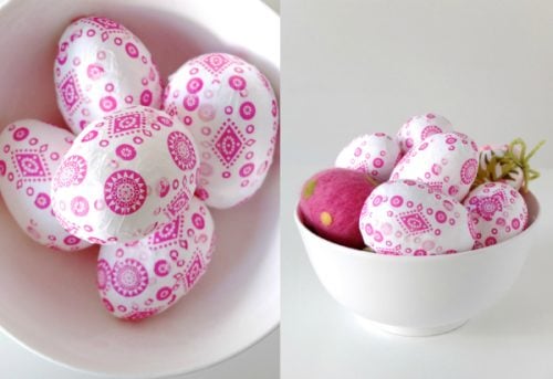 We have 25 Easter egg decorating ideas that are so easy and the kids will love. Gather the family together and make lots of sweet memories with these ideas. Decoupage eggs in white bowl.