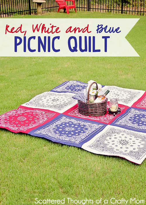 Check out these Fourth of July Crafts. You can make any celebration patriotic with these 4th of July Crafts for your home. Bandana quilt on grass.