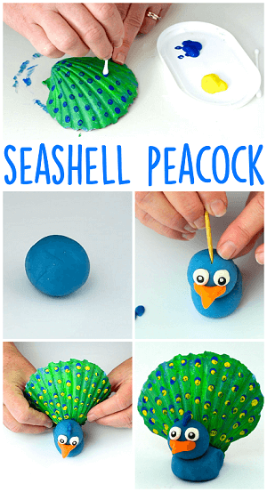 Summer is here and we have 25 adorable seashell crafts for kids. This is such a fun activity to keep the kids busy. Plus, seashells are inexpensive or free. Playdough and seashell decorated as a peacock.