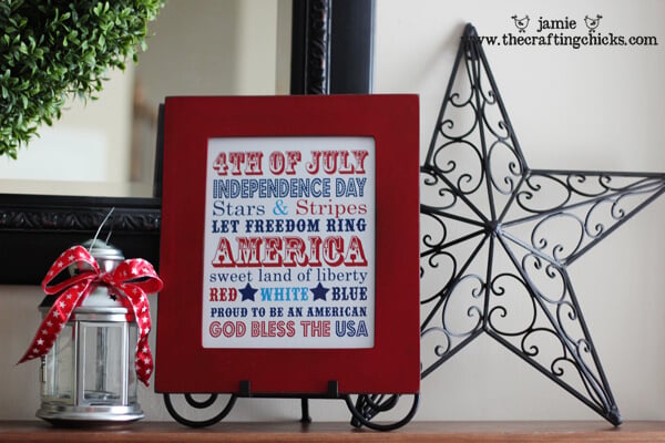 Use one of these free 4th of july printables to decorate your home for less. These patriotic 4th of July printables are easy to print for your home. Grab an inexpensive frame for fourth of july printables and you are set! Subway art in a red frame.