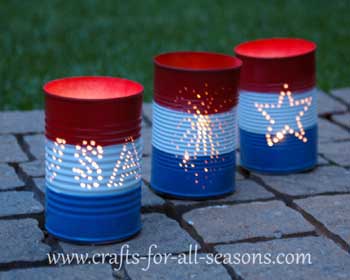 Check out these Fourth of July Crafts. You can make any celebration patriotic with these 4th of July Crafts for your home. Tin can luminaries outside.
