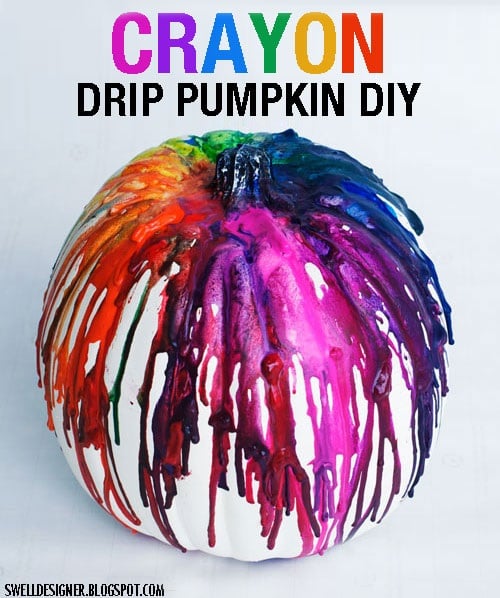 Find 20 no carve pumpkin decorating ideasย the entire family can help with.ย It's so fun to decorate for Fall and what better way than with pumpkins! Crayon drip pumpkin with lots of colors.