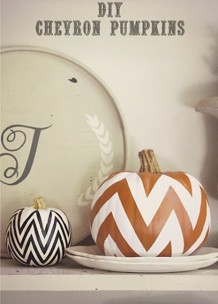 Find 20 no carve pumpkin decorating ideasย the entire family can help with.ย It's so fun to decorate for Fall and what better way than with pumpkins! Chevron pumpkins on a platter.