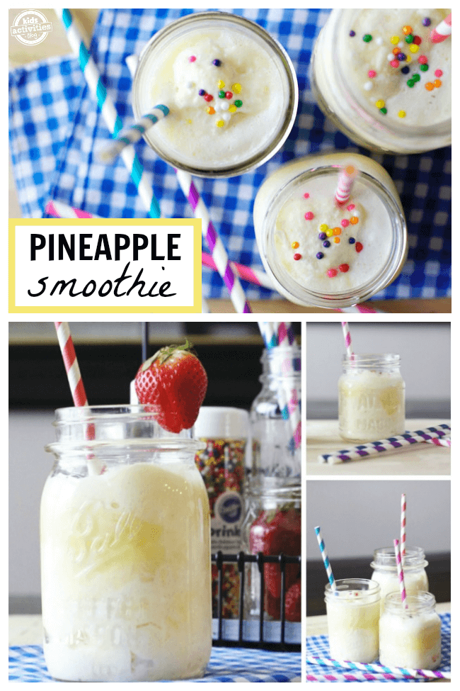 There is nothing like a cold drink in the summer. Whip up these kid friendly frozen drink recipes for a fun way to beat the heat. They are quick and easy! Pineapple Smoothie in a glass with straw.