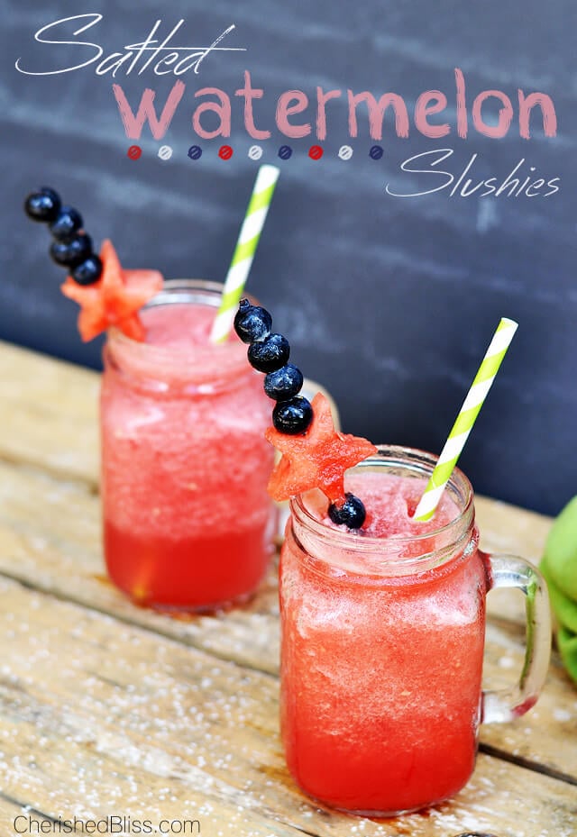 There is nothing like a cold drink in the summer. Whip up these kid friendly frozen drink recipes for a fun way to beat the heat. They are quick and easy! Salted Watermelon Slushies in a cup.