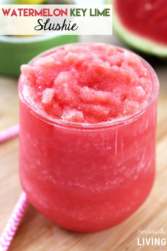 There is nothing like a cold drink in the summer. Whip up these kid friendly frozen drink recipes for a fun way to beat the heat. They are quick and easy! Watermelon Key Lime Slushie in a glass.