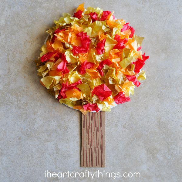 Over 15 of the best Fall Crafts for Kids - Quick and Easy crafts for toddlers - Fall Crafts for toddlers and more. Easy DIY fall crafts everyone will love! #onecrazymom #craftideas #kidscrafts #fall Tissue paper tree.