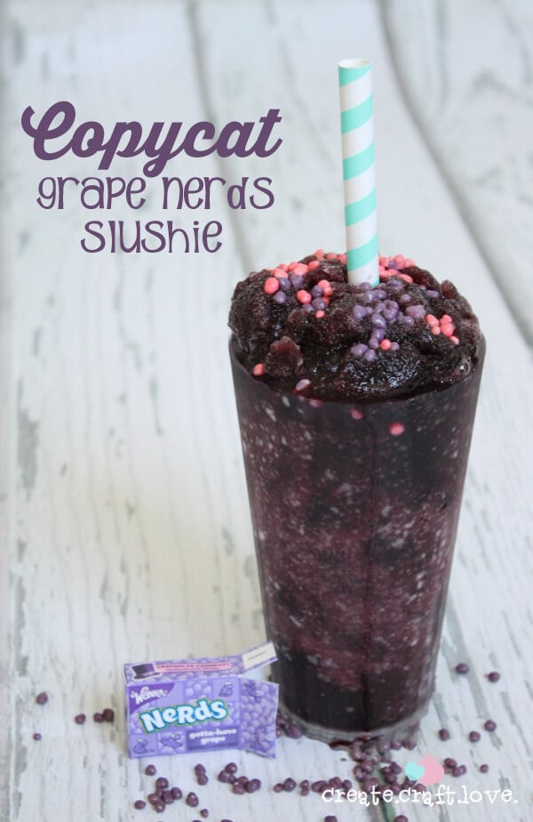 There is nothing like a cold drink in the summer. Whip up these kid friendly frozen drink recipes for a fun way to beat the heat. They are quick and easy! Grape Nerd Slushie beside a box of nerds.