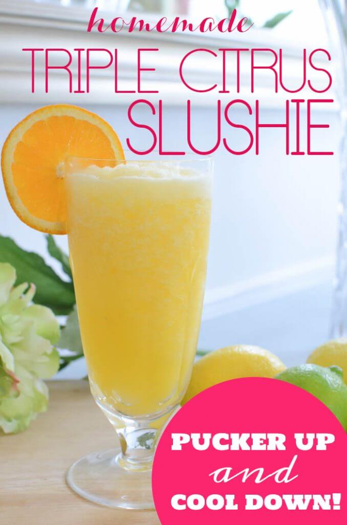 There is nothing like a cold drink in the summer. Whip up these kid friendly frozen drink recipes for a fun way to beat the heat. They are quick and easy! Citrus Slushie in a glass.