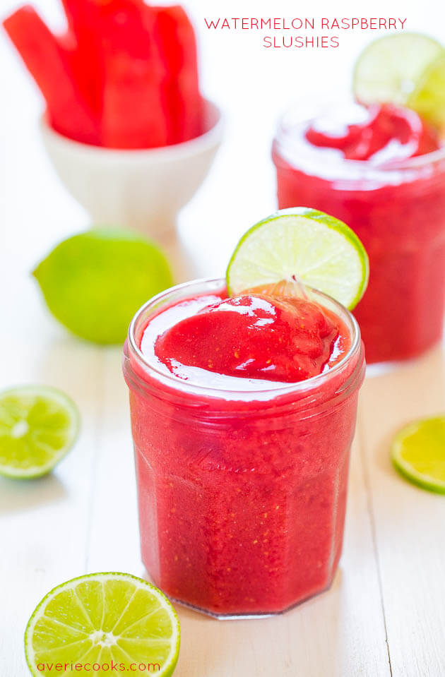 There is nothing like a cold drink in the summer. Whip up these kid friendly frozen drink recipes for a fun way to beat the heat. They are quick and easy! Watermelon Raspberry Slushie in a glass.