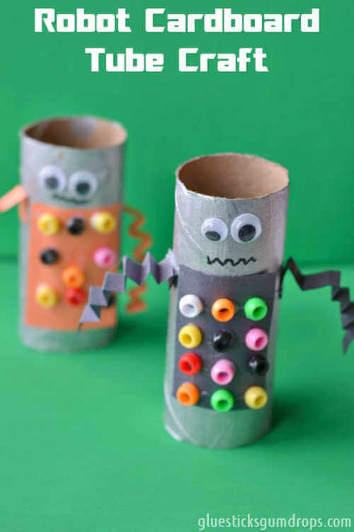 Get creative and use what you already have at home! Make these toilet paper crafts for kids. 20 toilet paper roll crafts that are so fun to make. Robot cardboard tube sitting up.