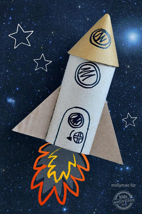 Get creative and use what you already have at home! Make these toilet paper crafts for kids. 20 toilet paper roll crafts that are so fun to make. Rocket craft against blue backdrop.
