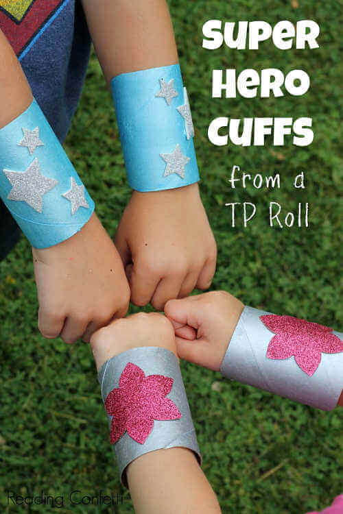 Get creative and use what you already have at home! Make these toilet paper crafts for kids. 20 toilet paper roll crafts that are so fun to make. Super hero cuffs on child.