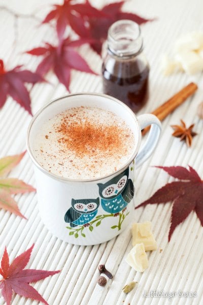 Try these easy hot chocolate recipes for an amazing treat everyone will love this Winter. 20 of the best hot cocoa recipes. You will love these homemade hot chocolate recipes that are made in the crock pot, some with cocoa powder. Learn how to make your own hot chocolate at home! #eatingonadime #hotchocolaterecipes #drinkrecipes #winterrecipes Chai spiced white hot chocolate in a mug.