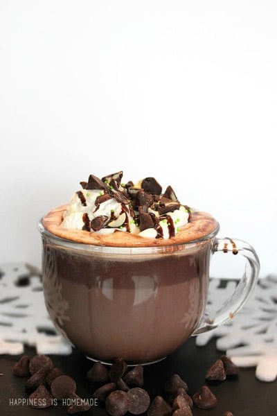 Try these easy hot chocolate recipes for an amazing treat everyone will love this Winter. 20 of the best hot cocoa recipes. You will love these homemade hot chocolate recipes that are made in the crock pot, some with cocoa powder. Learn how to make your own hot chocolate at home! #eatingonadime #hotchocolaterecipes #drinkrecipes #winterrecipes Mint hot chocolate in a clear glass.
