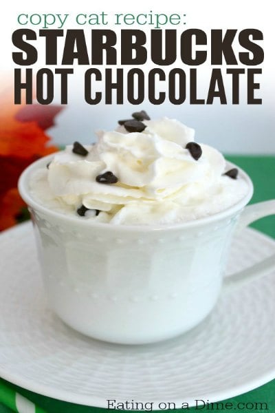 Try these easy hot chocolate recipes for an amazing treat everyone will love this Winter. 20 of the best hot cocoa recipes. You will love these homemade hot chocolate recipes that are made in the crock pot, some with cocoa powder. Learn how to make your own hot chocolate at home! #eatingonadime #hotchocolaterecipes #drinkrecipes #winterrecipes Copycat Starbucks hot cocoa in a white mug.