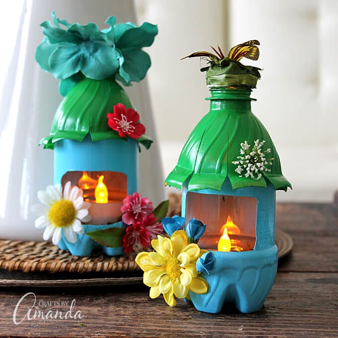 I think you will love these water bottle crafts for kids. These are perfect for keeping the kids busy without breaking the bank! Try 12 water bottle crafts for kids recycled. Your kids are going to love these DIY plastic bottle crafts! #onecrazymom #crafts #craftideas Fairy House with night light.