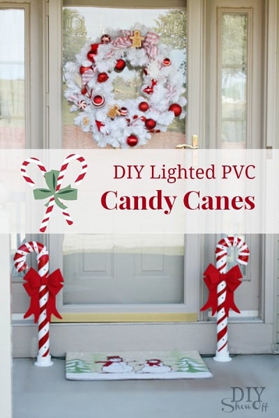 Get your home ready for Christmas with these 25 Christmas Porch Decorating Ideas. Beautiful Christmas porch ideas that are simple and budget friendly! Candy canes on porch.