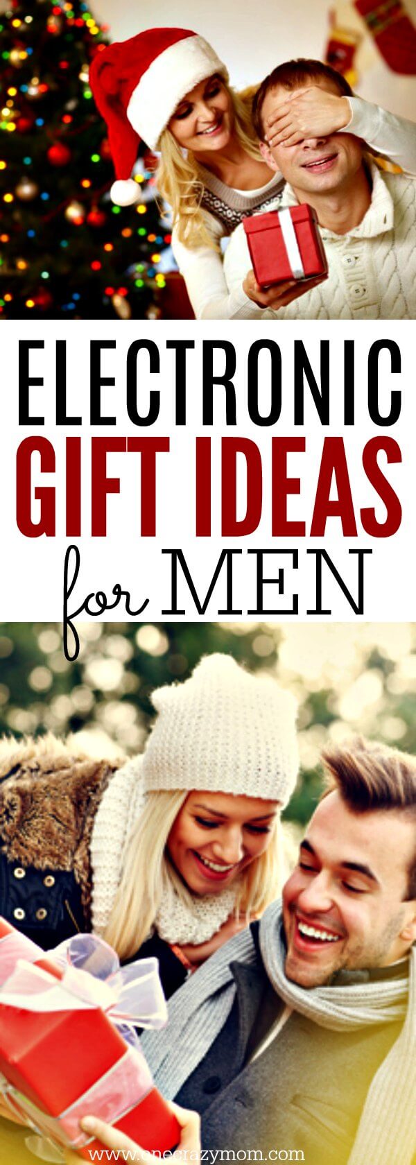 Find the best Electronic Gifts for Men. 20 gift ideas for men. Tech Gifts for men that won't break the bank.Gadgets for men they will love for Christmas. Man and women in front of a Christmas tree.