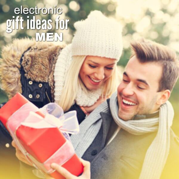 Find the best Electronic Gifts for Men. 20 gift ideas for men. Tech Gifts for men that won't break the bank.Gadgets for men they will love for Christmas. Man and women looking at a gift.