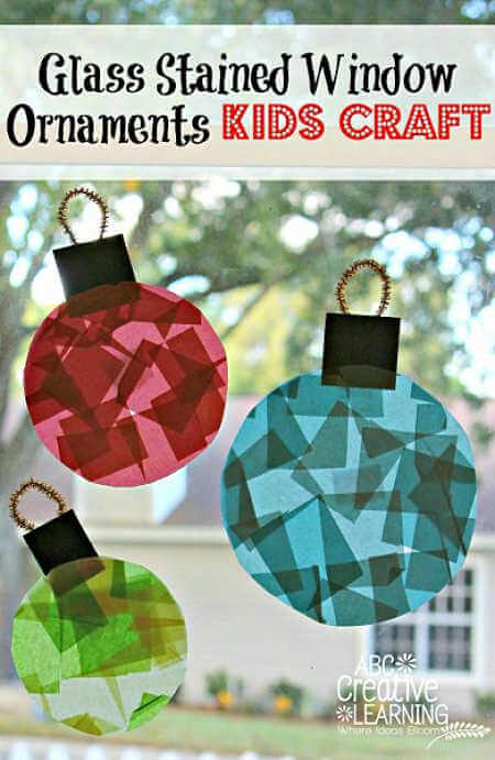 Find Easy Christmas Crafts for kids that are easy to do. They will love these Christmas crafts for kids. 20 Christmas craft ideas for kids that are frugal and great for gifts or ornaments. These fun projects are great for toddlers and older kids too. Perfect for school or for Christmas decorations! #onecrazymom #christmascrafts #kidcrafts Stained glass ornaments on window.