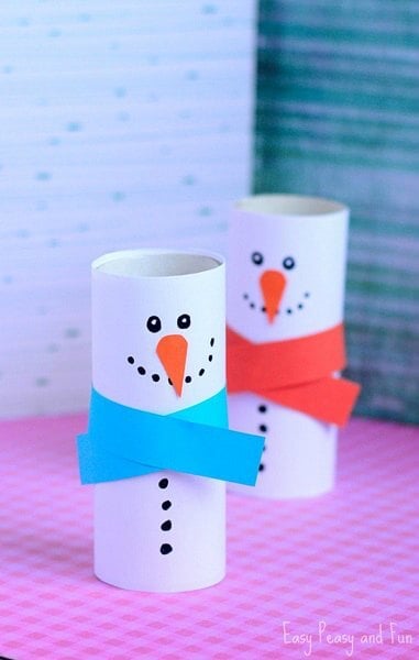 Find Easy Christmas Crafts for kids that are easy to do. They will love these Christmas crafts for kids. 20 Christmas craft ideas for kids that are frugal and great for gifts or ornaments. These fun projects are great for toddlers and older kids too. Perfect for school or for Christmas decorations! #onecrazymom #christmascrafts #kidcrafts Paper roll turned into a snowman.