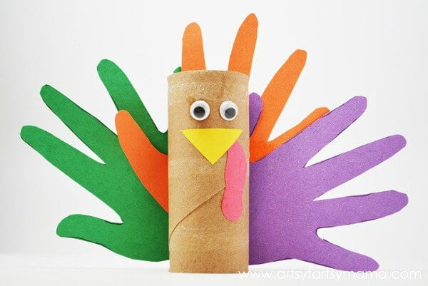 The kids will have a blast wiith these fun and easy Thanksgiving crafts for toddlers. 20 easy Thanksgiving crafts for toddlers they will love. Turkey handprint with toilet paper roll.
