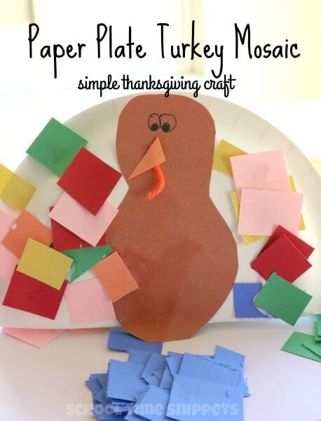 The kids will have a blast wiith these fun and easy Thanksgiving crafts for toddlers. 20 easy Thanksgiving crafts for toddlers they will love. Turkey with mosaic paper feathers.