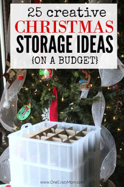 We have 25 easy Christmas storage ideas. Get everything organized with these Christmas decoration storage ideas that are creative and budget friendly Ornament box in front of tree.