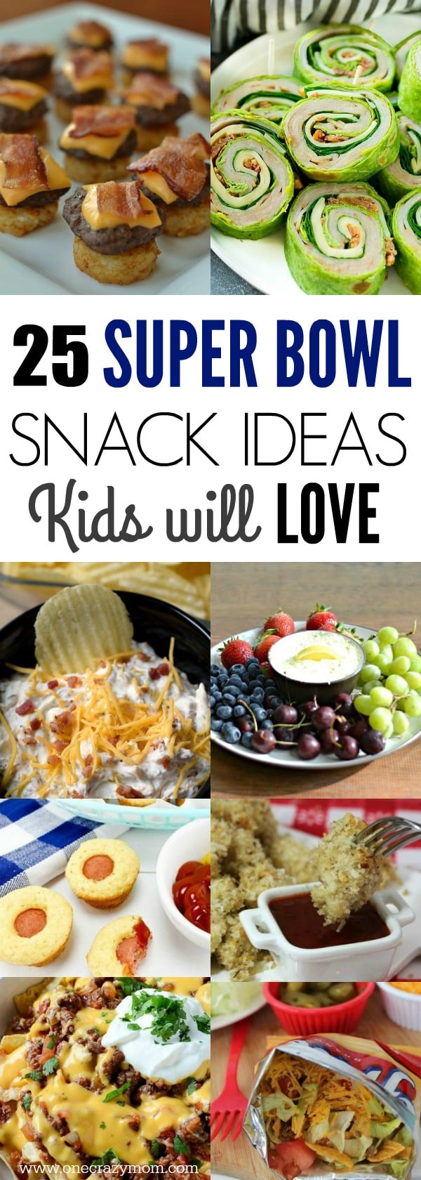 Find the best Super Bowl Snacks kids will love. 25 Easy Superbowl Snacks to please a crowd. Try this Super Bowl Party Food. Super Bowl Party Ideas for kids. Collage of appetizers.