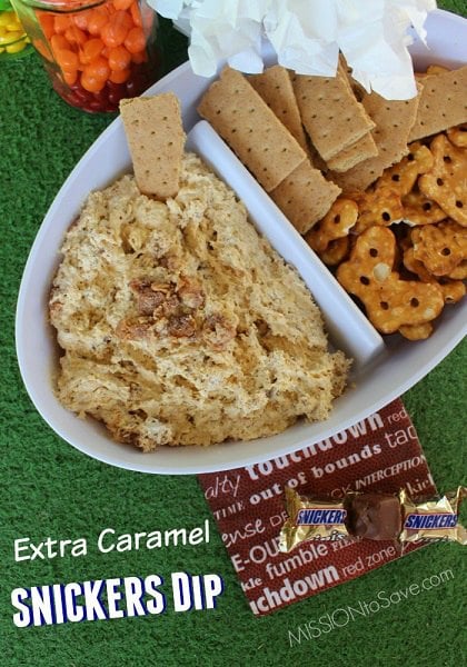 Find the best Super Bowl Snacks kids will love. 25 Easy Superbowl Snacks to please a crowd. Try this Super Bowl Party Food. Super Bowl Party Ideas for kids. Snickers Dip in platter with dippers.