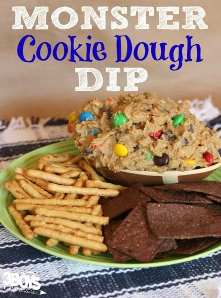 Find the best Super Bowl Snacks kids will love. 25 Easy Superbowl Snacks to please a crowd. Try this Super Bowl Party Food. Super Bowl Party Ideas for kids. Monster Cookie Dip on platter.
