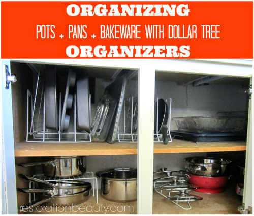 Get your home in order with Dollar Store Home Organization Ideas. 20 creative ways to make the most of your space with Dollar Store home organization. Bakeware organizers in cabinet.