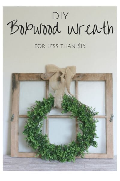 We have over 20 DIY Farmhouse decor ideas that are easy to make. Find lots of ideas that are budget friendly and simple to create for your home. Wreath on old window.