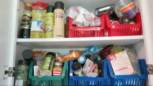 Get your home in order with Dollar Store Home Organization Ideas. 20 creative ways to make the most of your space with Dollar Store home organization. Cabinet bins with spices.