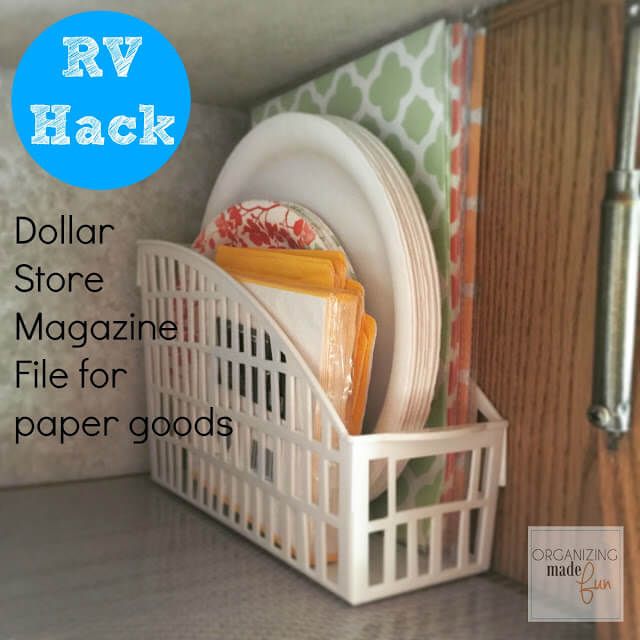 Get your home in order with Dollar Store Home Organization Ideas. 20 creative ways to make the most of your space with Dollar Store home organization. Magazine rack with paper plates and napkins.