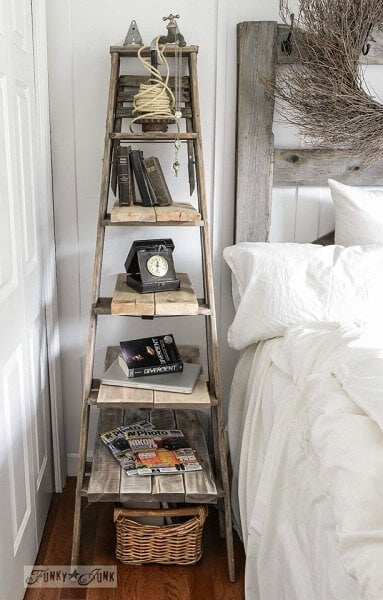 We have over 20 DIY Farmhouse decor ideas that are easy to make. Find lots of ideas that are budget friendly and simple to create for your home. Ladder turned into side table.