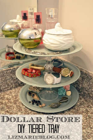 Get your home in order with Dollar Store Home Organization Ideas. 20 creative ways to make the most of your space with Dollar Store home organization. Tiered tray with jewelry.