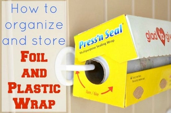 You will love these Dollar Store Kitchen Organization ideas! 20 Kitchen Organization hacks to get your kitchen in order for just a $1! You can't beat that! Clin wrap storage with a hook.