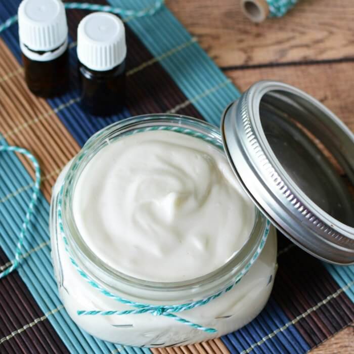 DIY Sore Muscle Cream is a must have for anyone that suffers from tired and achy muscles. Rub generously into sore muscles and you will be amazed. DIY Sore Muscle Cream in a container.
