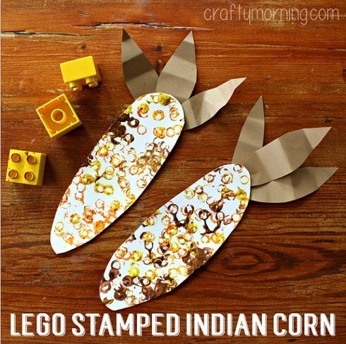 Over 15 of the best Fall Crafts for Kids - Quick and Easy crafts for toddlers - Fall Crafts for toddlers and more. Easy DIY fall crafts everyone will love! #onecrazymom #craftideas #kidscrafts #fall Lego stamped corn on the cob.