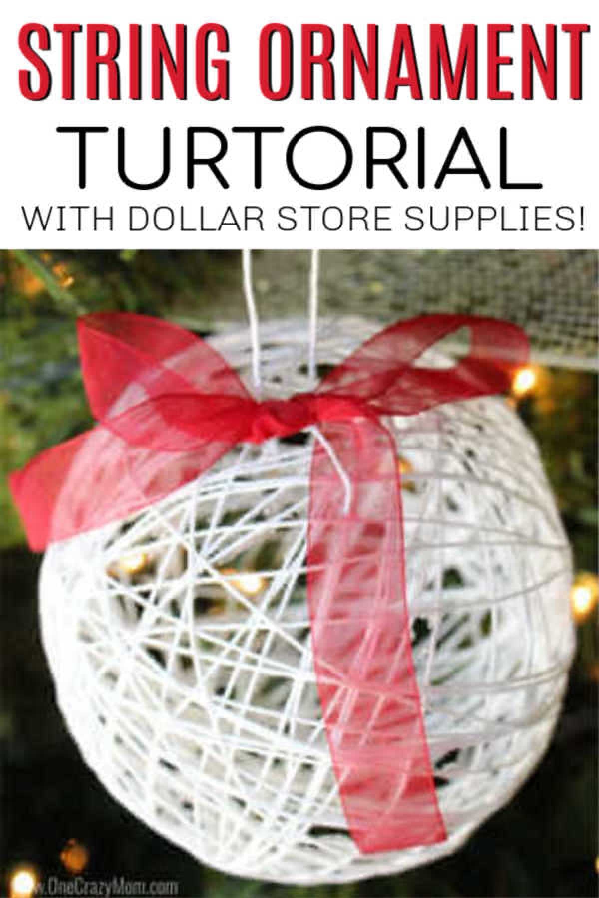 Learn how to make a string ornament for kids. It is so easy to make DIY Christmas Ornaments and budget friendly when all the supplies are from the Dollar Store! #onecrazymom #DIYornaments #christmasornaments