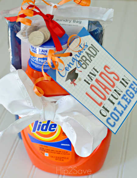 We have the best Graduation Party Ideas. You will find a big list of decor ideas, party food recipes, gifts and more to make your party a success. Tide bottle with laundry essentials.