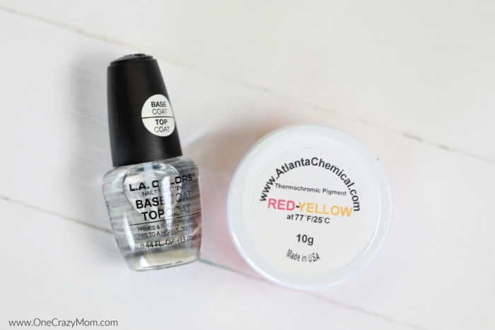 DIY Color Changing Nail Polish is so simple to make and a blast to use. Learn how to make color changing nail polish that is so cool! Supplies for color changing polish - clear polish, thermochromic powder pigment, paper.