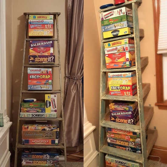 We have 10+ board game storage ideas that will get your games organized. Make game night even more fun when you get your board game collection in order. Board games on a ladder.