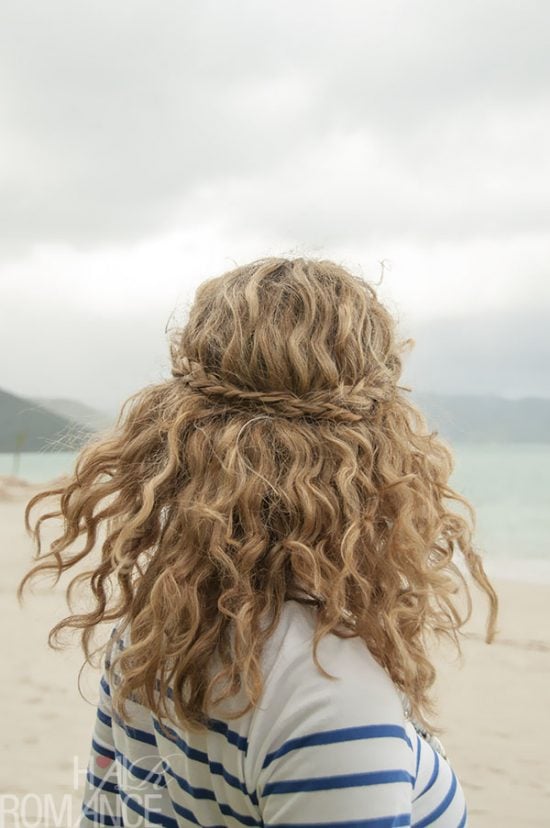 We have over 15 half up half down hairstyles that anyone can do including busy moms. These styles are easy to do and look put together and polished. Half Crown braid in curly hair.