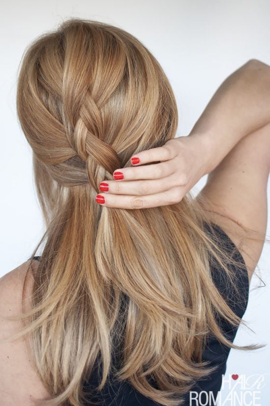 We have over 15 half up half down hairstyles that anyone can do including busy moms. These styles are easy to do and look put together and polished. Partial braid in back of hair.