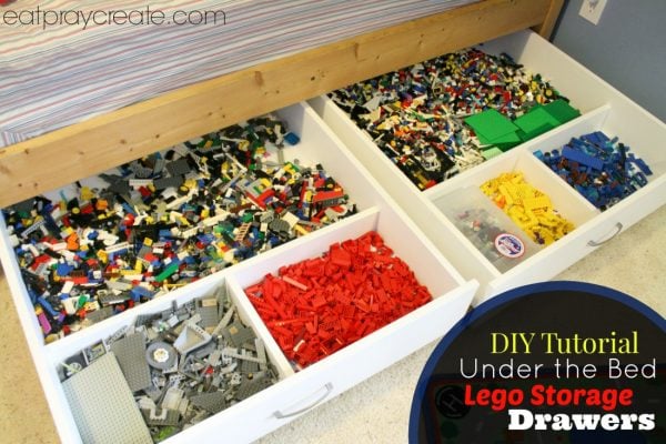 Are Lego's taking over your house? Try these clever 15+ Lego storage ideas to get everything in order and make Lego time even more fun. Under the bed Lego storage with bins.