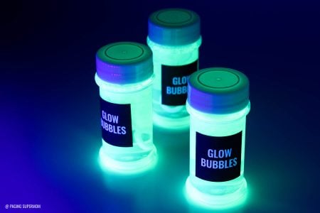 Find over 20 Glow in the dark party ideas that are easy and budget friendly. Your next party will be fabulous with these glow in the dark party decorations. Bottles of glow in the dark bubbles.