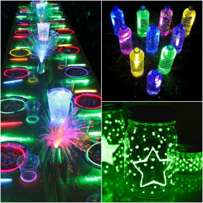 Photo collage of glow in the dark table, glow ring toss and glow mason jars.